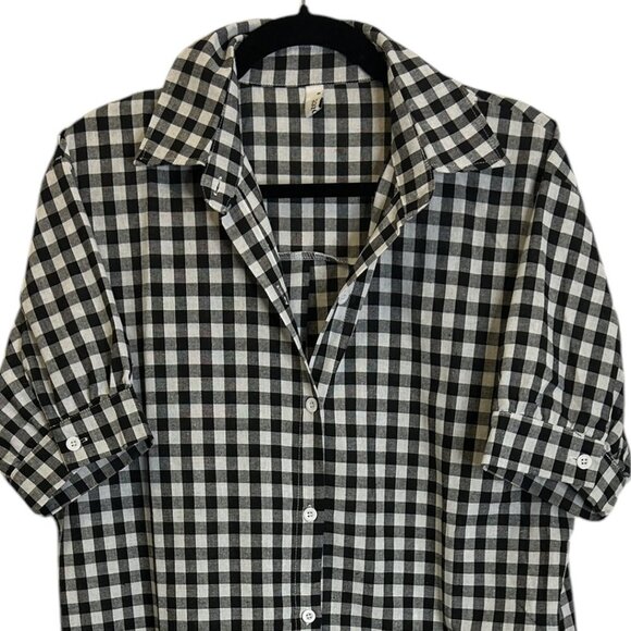 Linen Blend Black White Gingham Shirt Dress Sz S Midi Short Sleeve Sustainable - Picture 3 of 6